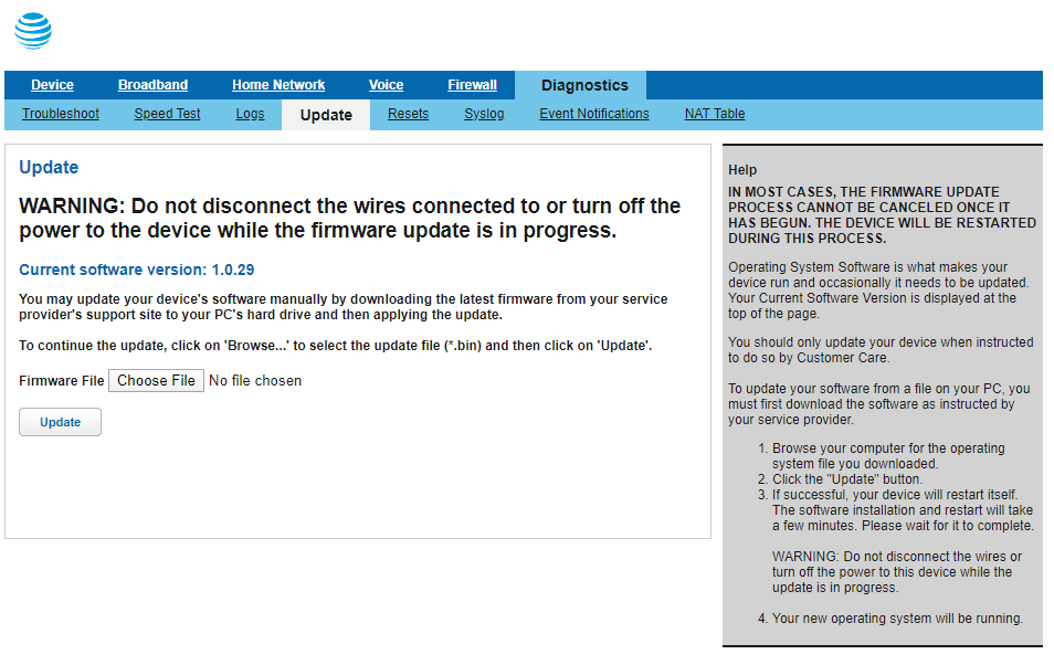Screenshot of the BGW210-700's firmware update page. 