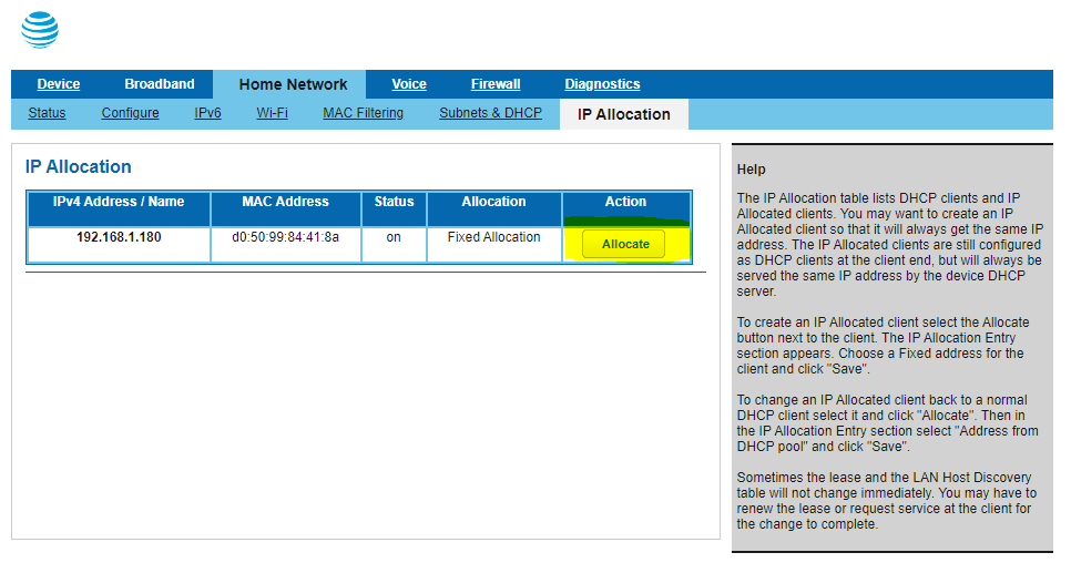 Screenshot of the BGW210-700's IP Allocation page, with the allocate button highlighted for my desktop client device. 