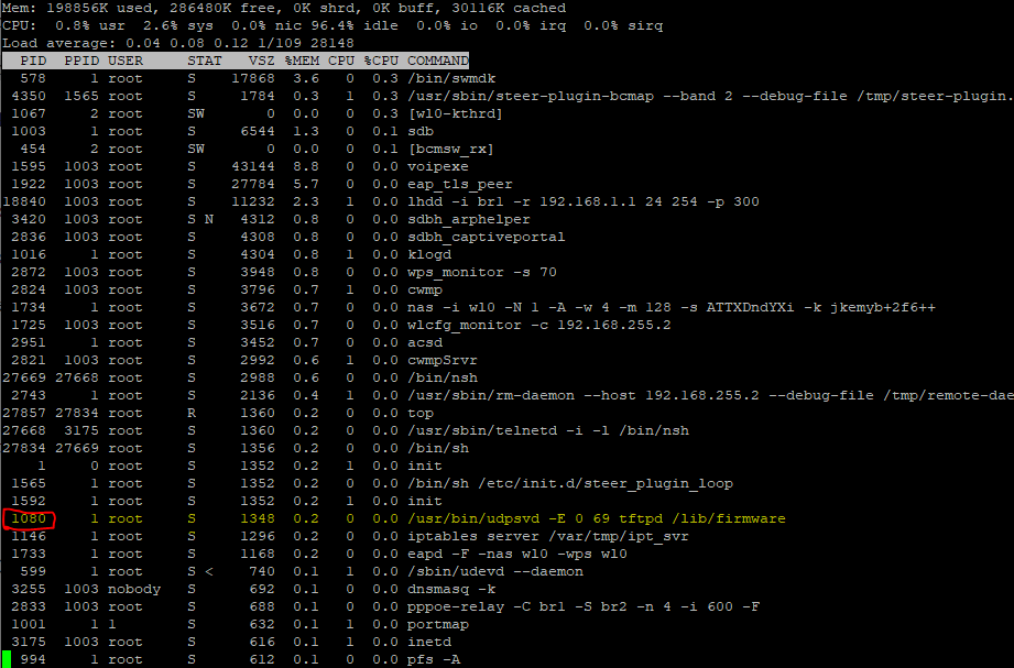 Screenshot of the results of running "top" on the BGW210-700, with teh autoupdater daemon process highlighted. 